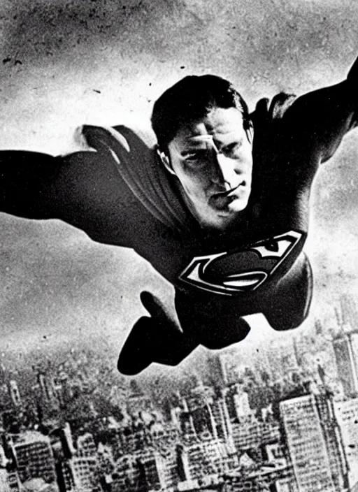 Image similar to “Close-up of very old and tired and bald Superman flying over destroyed city. Newspaper photo.”