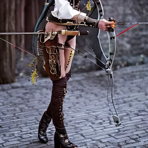 Prompt: full body photo of a skinny female steampunk archer