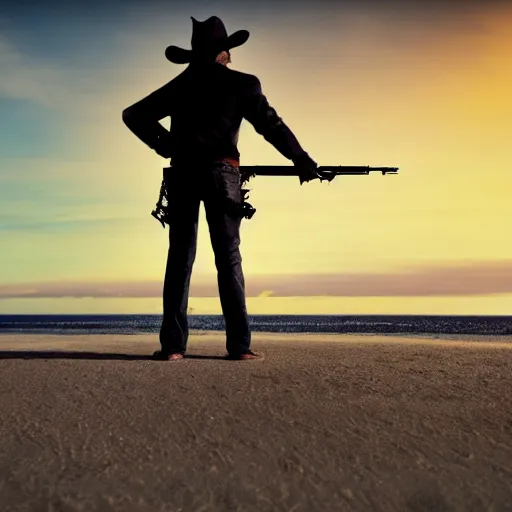 Prompt: gunslinger standing on a beach, a lone standing door