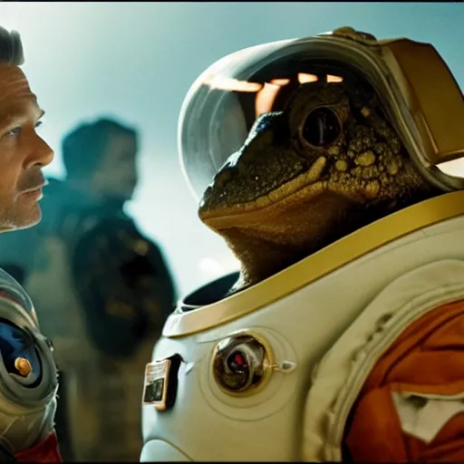 Prompt: in one frame, the toad sits opposite Brad Pitt in a spacesuit, 4k, 8k, top cinematic lighting , cinematic mood, hyperrealism, full-length, smooth,