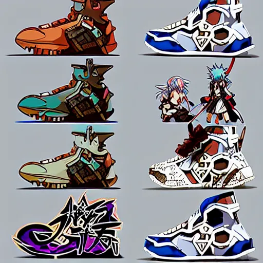 Image similar to fantasy anime jrpg sneaker design designed by studio ghibli, chrono trigger guilty gear style, aztec mayan street fashion native punk sneaker design, hip hop sneaker design with subtle mayan patterns, gapmoe yandere grimdark, trending on pixiv fanbox, painted by greg rutkowski makoto shinkai takashi takeuchi studio ghibli, akihiko yoshida