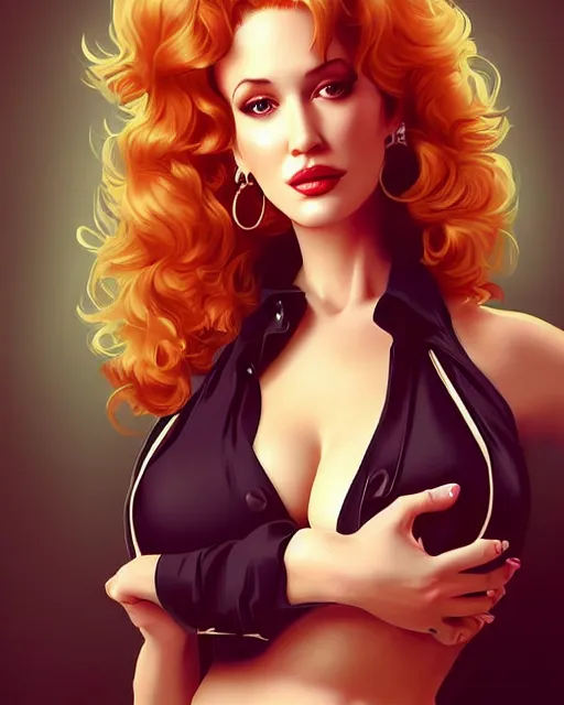 Image similar to a beautiful gina gershon christina hendricks kat dennings dolly parton betty brosmer, posing pose, by wlop and ilya kuvshinov and artgerm,, gorgeous, stunning, alluring, artstation, deviantart, digital art