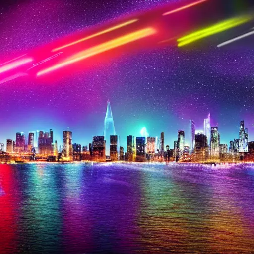 Image similar to modern city, night time, neon colours, water front apart of city, stars and comet in sky, high def, 8 k, hd, high definition building, made with spray paint,