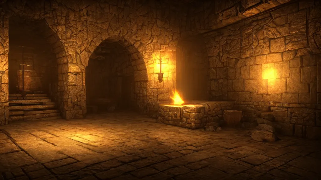 Prompt: delicious torch lit prison dungeon jail cell atmospheric unreal engine hyperreallistic render 8k character concept art masterpiece screenshot from the video game the Elder Scrolls V: Skyrim moody orange 2700K global illumination