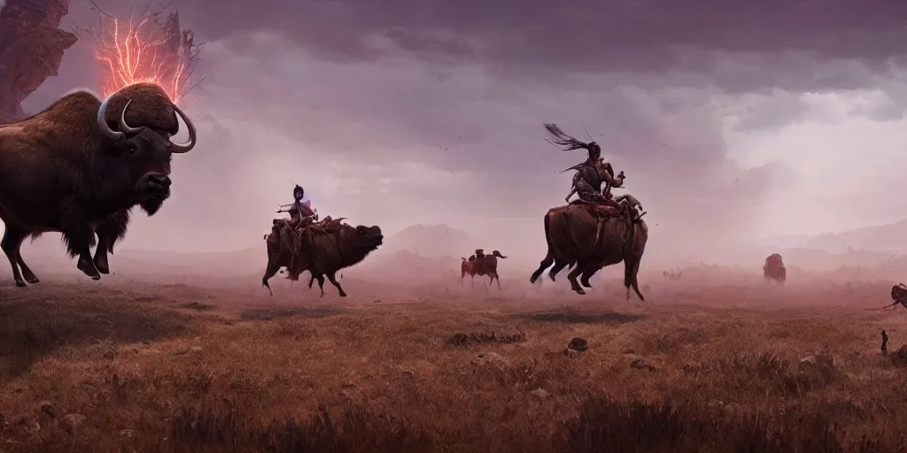 Prompt: running buffalo chase ,buffalos, native indian riding ancient atv, attacking, action scene, an epic fantasy, dramatic lighting, cinematic, establishing shot, extremely high detail, photorealistic, cinematic lighting, artstation, octane render, by simon stalenhag, horizon forbidden west and futuristic western