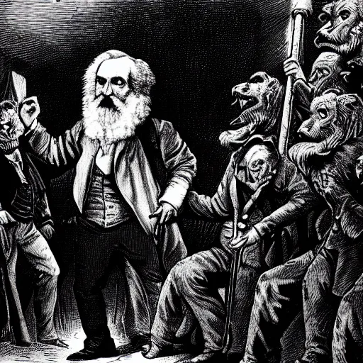 Prompt: Possessed Karl Marx stops a thousand giant lions from eating Earth