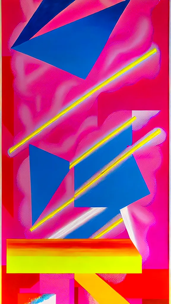 Prompt: an airbrush painting by James Rosenquist behance geometric abstract art vorticism neon and chrome 80s style