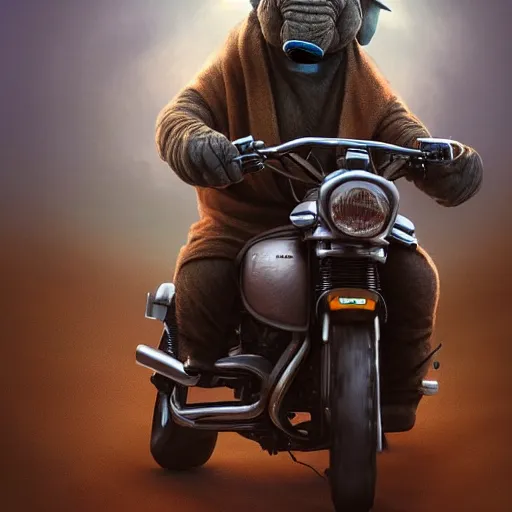 Image similar to elephant yoda riding a motorcycle in the movie born to be wild, stunning digital art, high detail, in the style of artgerm, artstation, cgsociety, dramatic lighting, pixar 3d 8k