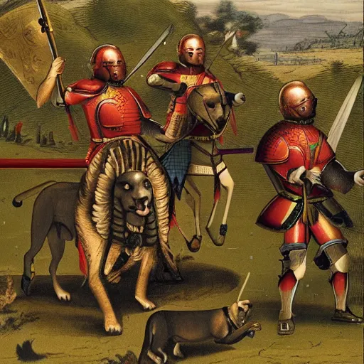 Image similar to Warrior dogs riding lions into battle, medieval weapons and armour