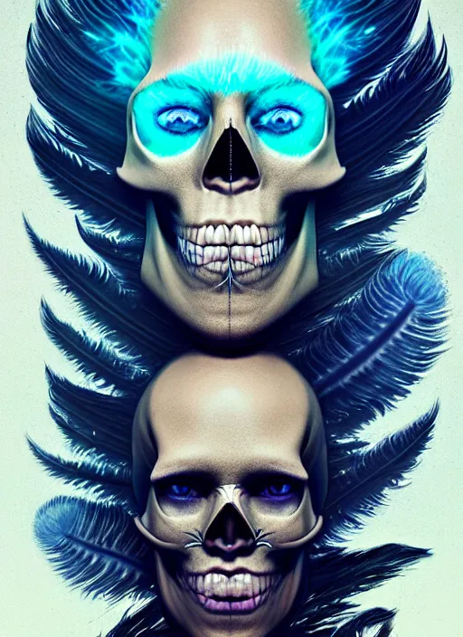 Image similar to 3 d shaman with tattoos profile portrait, sigma 5 0 0 mm f / 5. beautiful intricate highly detailed skull and feathers and hairs and tattoos. bioluminescent, plasma, frost, water, wind, creature, gradient background, thunderstorm! artwork by tooth wu and wlop and beeple and greg rutkowski, 8 k trending on artstation,