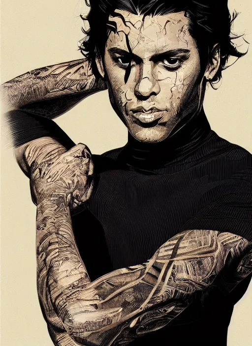 Image similar to portrait of a young man with black hair wearing a black turtleneck. scars on his body. young man brown skin. art by martin ansin, martin ansin artwork. portrait.