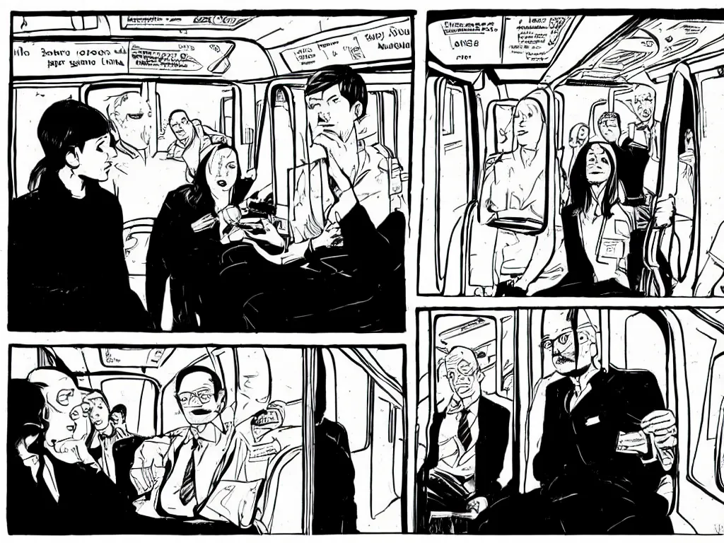 Image similar to a single comic panel by Daniel Clowes, 3/4 low angle view wide shot of two people sitting in an empty Chicago subway train, in front of windows: a sad Aubrey Plaza in a parka and a friendly Mads Mikkelsen in a suit