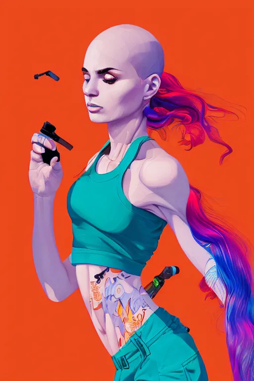 Image similar to a award winning half body portrait of a beautiful caucasian woman in a croptop and cargo pants with ombre orange blue teal hairstyle with head in motion and hair flying by martine johanna and will eisner, outrun, vaporware, digital art, trending on artstation, highly detailed, fine detail, intricate