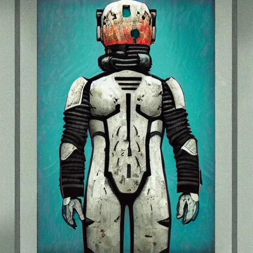 Image similar to ‘dead space’ isaac clark suit, piet mondrian, teal palette