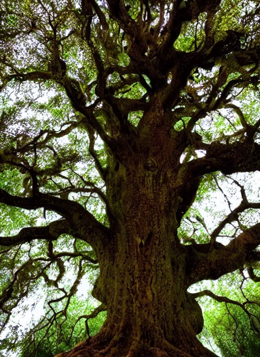 Prompt: very old huge oak tree with fluorescent glowing sigils on bark, glowing metallic leaves