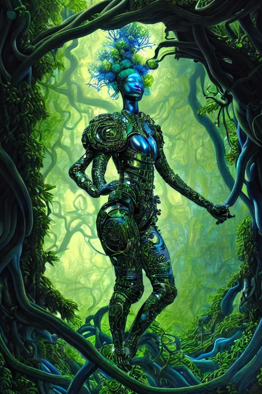 Image similar to hyperrealistic neo - baroque super expressive! black woman with exoskeleton armor, merging with tree in a forest, highly detailed digital art masterpiece smooth cam de leon hannah yata dramatic pearlescent blue green light ground angle hd 8 k sharp focus