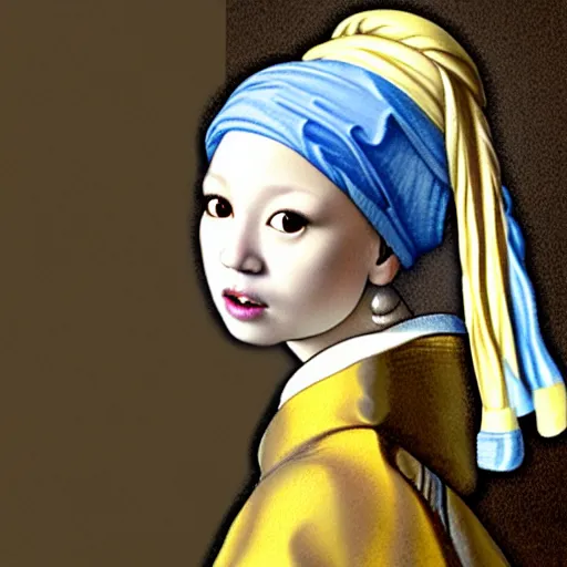 Image similar to portrait of a shiba inu wearing an exotic dress, an oriental turban, and what appears to be a very large pearl as an earring. in the style of girl with a pearl earring by johannes vermeer