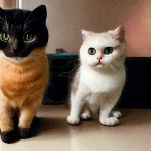 Prompt: a British Short cat and a Scottish Fold cat sitting next to each other, waiting for food. Pixar movie scene.