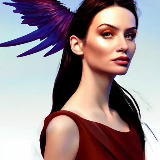 Prompt: 3 / 4 view of a portrait of a pretty woman with wings with wings, confident pose, digital painting, artstation, concept art, smooth, sharp focus, illustration, trending on artstation, highly detailed, concept art, mike esposito comics mickey demeo, trending on artstation, imax 7 0 mm, h 6 4 0