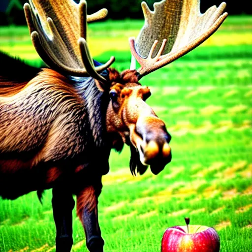 Image similar to a moose has thousands of apples and is very happy about it. it has a extremely happy facial expression. photograph