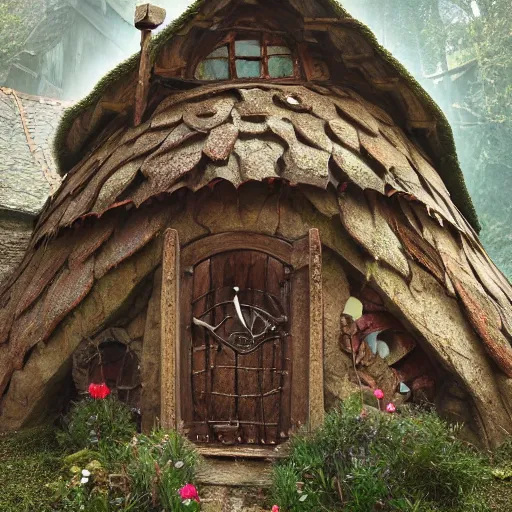 Image similar to a wise old troll inside a medieval hobbit house, ornate, beautiful, atmosphere, vibe, flowers, concept art illustration, color page, 4 k, tone mapping, doll, akihiko yoshida, james jean, andrei riabovitchev, marc simonetti, yoshitaka amano, digital illustration, greg rutowski, volumetric lighting, sunbeams, particles