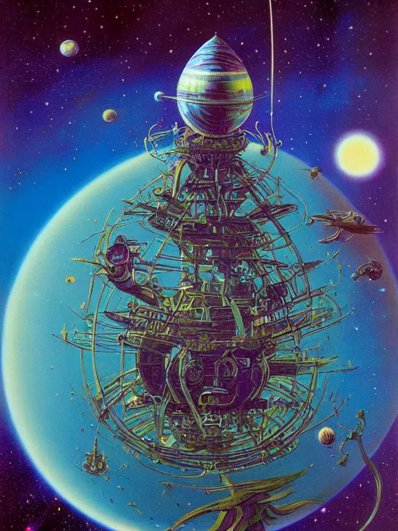 Image similar to round coconut space rocket fly at vanilla orchids galaxy cosmic nebula, style of moebius, vincent di fate, john berkey, michael whelan volumetric light, mega detailed, beautiful composition, beautiful lighting