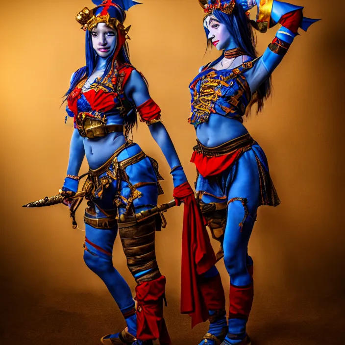 Prompt: full body photo of a real - life beautiful female jester warrior, 8 k, hdr, smooth, sharp focus, high resolution, award - winning photo