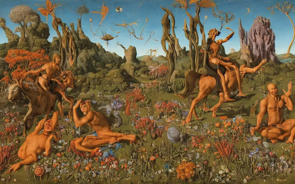 Image similar to a portrait photograph of a meditating satyr and a centaur monk riding a rocket machine and hunting at a river delta. surrounded by bulbous flowers and trees. mountain range under a blue sky of fiery stars. by jan van eyck, max ernst, ernst haeckel, ernst fuchs and artgerm, cgsociety, fashion editorial, 8 k