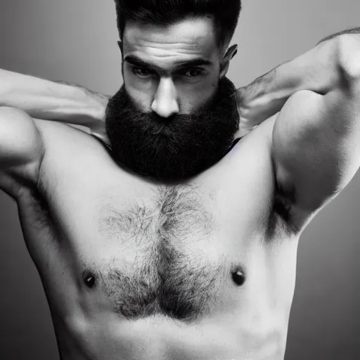 Prompt: young man square jawline, black and white, super strong, short boxed beard, without shirt and pants, only underwear