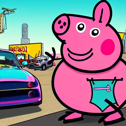 Image similar to illustration gta 5 artwork of peppa pig, in the style of gta 5 loading screen, by stephen bliss