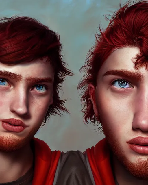 Image similar to portrait of short and stocky, 1 9 - year - old male twins with red hair and freckles, hyper realistic face, beautiful eyes, character art, art by mark brooks, hyperdetailed, cryengine, trending on artstation, digital art