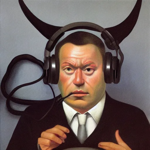 Image similar to a demon listening to headphones by Raphael, Hopper, and Rene Magritte. detailed, romantic, enchanting, trending on artstation.