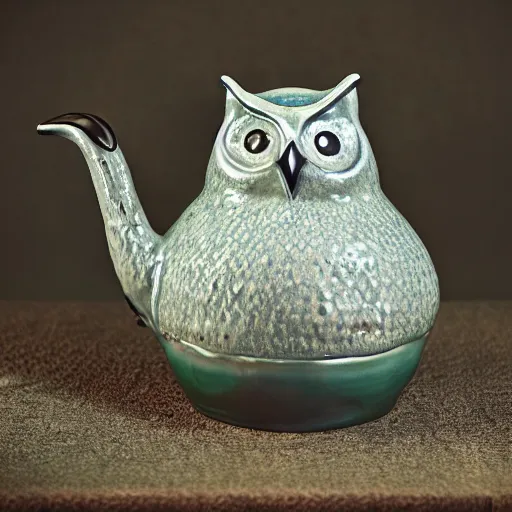 Prompt: still life photograph of an owl kettle, glazed ceramic, tilt shift, very beautiful, global illumination, intricate linework, short spout, handle