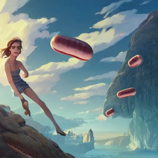 Prompt: emma watson surprised to see flying big italian sausages by concept artist gervasio canda, behance hd by jesper ejsing, by rhads, makoto shinkai and lois van baarle, ilya kuvshinov, rossdraws global illumination radiating a glowing aura global illumination ray tracing hdr render in unreal engine 5