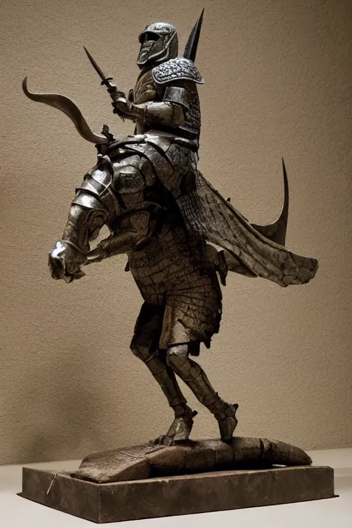 Image similar to medieval Norman, circa 1300, photo of stone statue, of a night in full armor with a sword, riding an Allosaurus, romanesque style, in museum