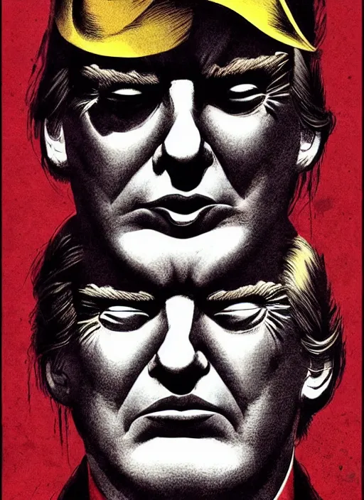 Image similar to donald trump as the villain, slasher film, grotesque, horror, high details, intricate details, by vincent di fate, artgerm julie bell beeple, 70s, inking, vintage 70s print, screen print