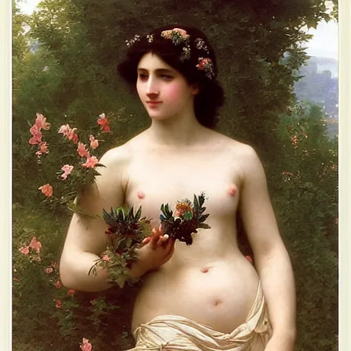 Prompt: earth goddess in beautiful dress with strong plant motive, william - adolphe bouguereau