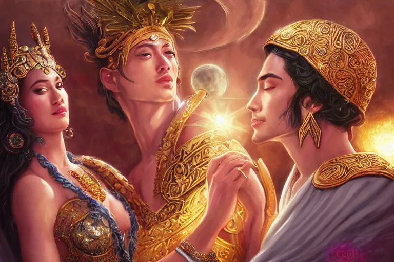 Image similar to close up moment of a divine a sun god and a moon goddess lovers magician at a wedding banquet, highly detailed, d & d, fantasy, highly detailed, digital painting, trending on artstation, concept art, sharp focus, asian feature, illustration, art by artgerm and daniel gerhartz and magali villeneuve