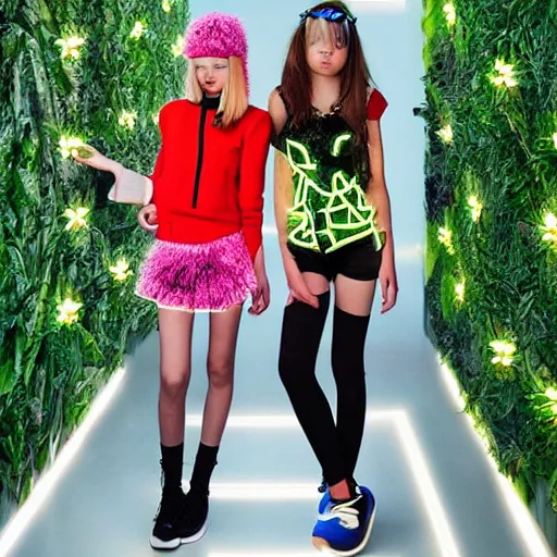 Prompt: very symmetrical fruits magazine steetwear photo of cute cool fashion worn by teens teens in the far future with glowing led lights and surrounded by plants, futuristic!!! haute couture fashion!!!!, nanotechnology and cybernetics!!! and solar power and prosthetic