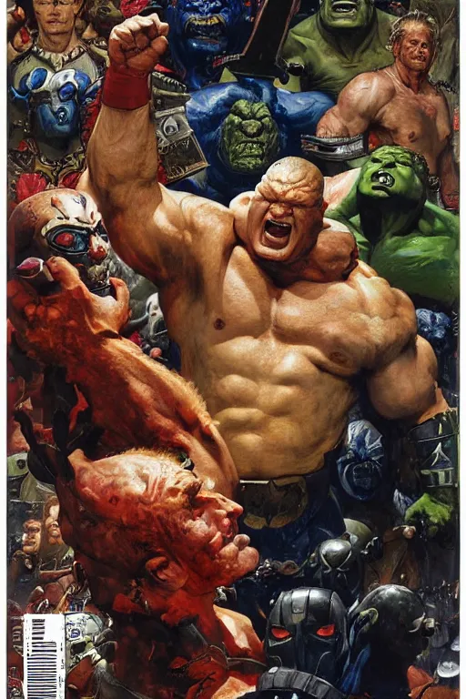 Image similar to upper body and head portrait of hulking brock lesnar as marvel demon wearing cape and armour, norman rockwell, tom lovell, alex malveda, jack kirby, lawrence alma tadema, greg staples, jeremy mann