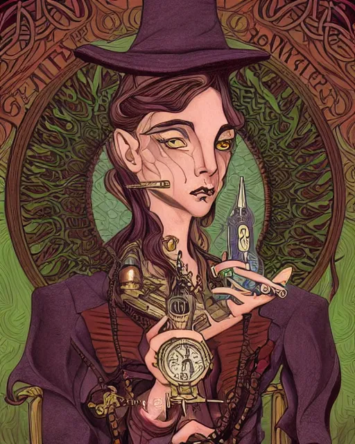 Prompt: a detailed portrait illustration of a steampunk wizard. art nouveau, pop art, comic book style. influenced by neil gaiman, h. p. lovecraft, ross tran, brian froud, killian eng.