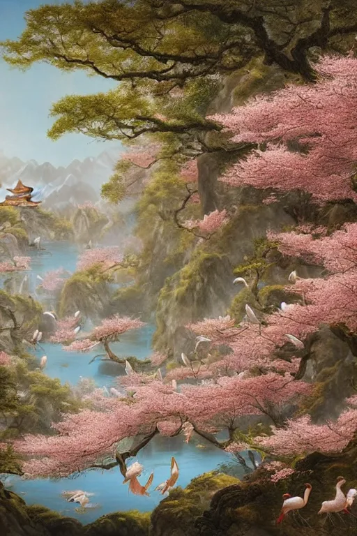 Image similar to it is a paradise with ancient chinese characteristics. it has a high degree of fantasy. cherry blossom forest, there are pavilions in the air, koi jumping in the air, and fairy birds and animals such as cranes and deer coexist with people. it is the life scene of the ancient people, a detailed matte painting by christophe vacher and albert bierstadt