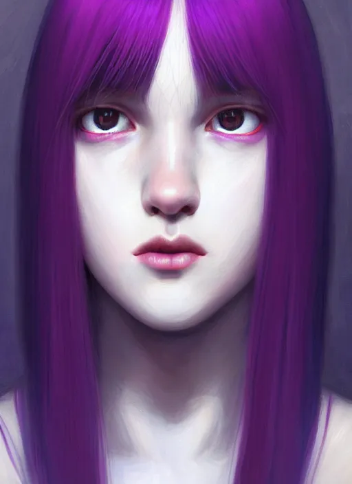 Image similar to hair whitebangs hair, black hair, whitebangs, portrait of teenage girl with white bangs, red irises, purple clothes, white bangs, bangs are different color from hair, intricate, elegant, glowing lights, highly detailed, digital painting, artstation, concept art, smooth, sharp focus, illustration, art by wlop, mars ravelo and greg rutkowski