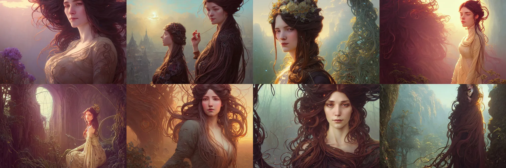 Image similar to highly detailed portrait of a woman with long hairs, stephen bliss, unreal engine, fantasy art by greg rutkowski, art nouveau, loish, rhads, ferdinand knab, makoto shinkai and lois van baarle, ilya kuvshinov, rossdraws, tom bagshaw, alphonse mucha, global illumination, radiant light, detailed and intricate environment