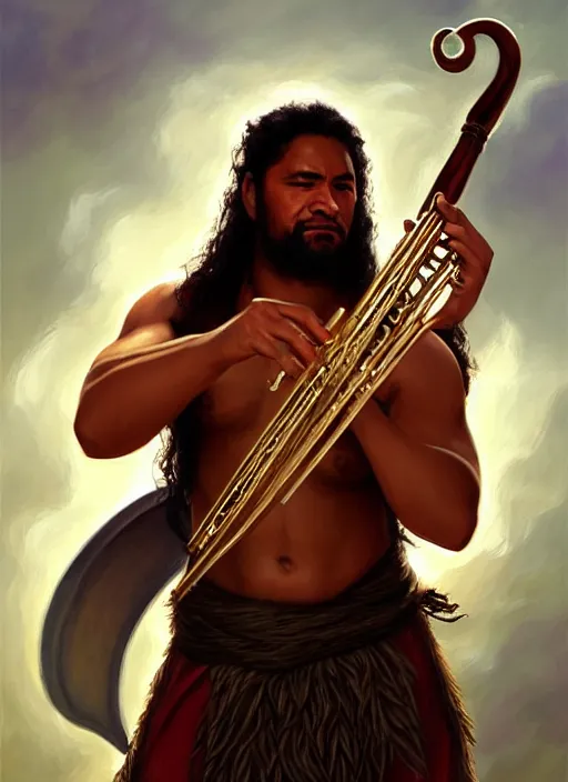 Image similar to a _ fantasy _ style _ portrait _ painting _ of samoan male charismatic bard playing instrument, rpg dnd oil _ painting _ unreal _ 5 _ daz. _ rpg _ portrait _ extremely _ detailed _ artgerm _ greg _ rutkowski _ greg