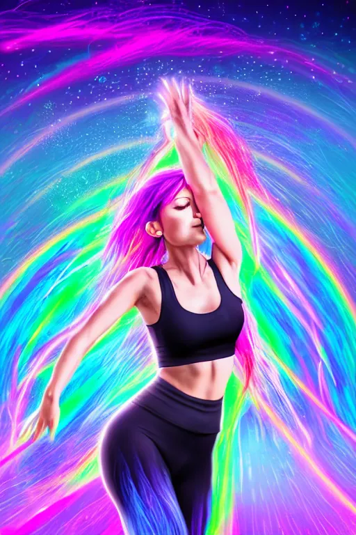 Image similar to a award winning half body portrait of a beautiful woman with stunning eyes in a croptop and leggings with rainbow colored ombre hairstyle head in motion and hair flying while dancing by thomas danthony, surrounded by whirling illuminated lines, outrun, vaporware, shaded flat illustration, digital art, trending on artstation, highly detailed, fine detail, intricate