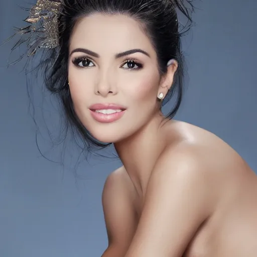 Image similar to !dream Fine art photo of the most beautiful woman of the Miss Universe, she is posing while maintain a sweet eye contact to the camera, she is mexican, she has perfect white teeths, matte painting