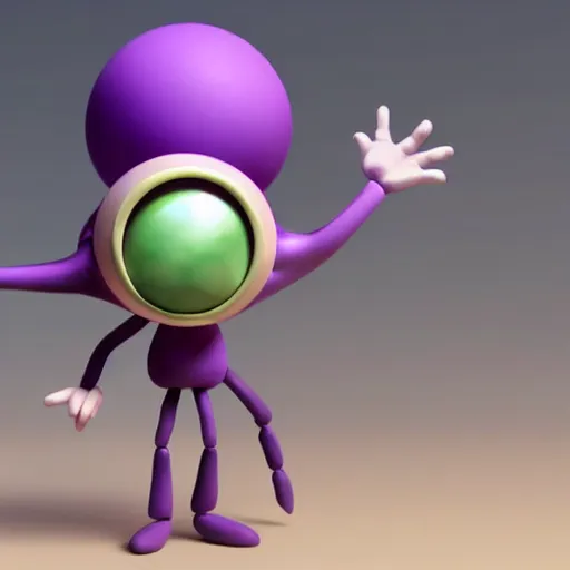 Image similar to photo of a comically tiny clay model of character with large spherical purple head and large childlike eyes with comically tiny body and spindly limbs leans close to the camera, fish eye lens, 4 k, hyper realistic, hyper detailed face, octane render, comedic, cute