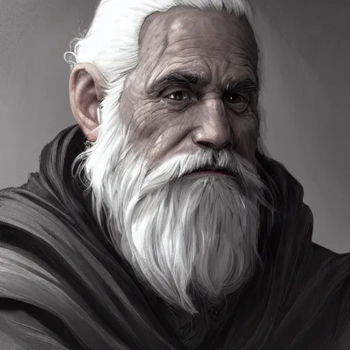 Prompt: old male archmage, headshot, portrait, bushy white eyebrows, black robes, short white beard, short black and white hair, D&D, fantasy, intricate, elegant, highly detailed, digital painting, artstation, concept art, smooth, sharp focus, illustration, art by artgerm and greg rutkowski and alphonse mucha