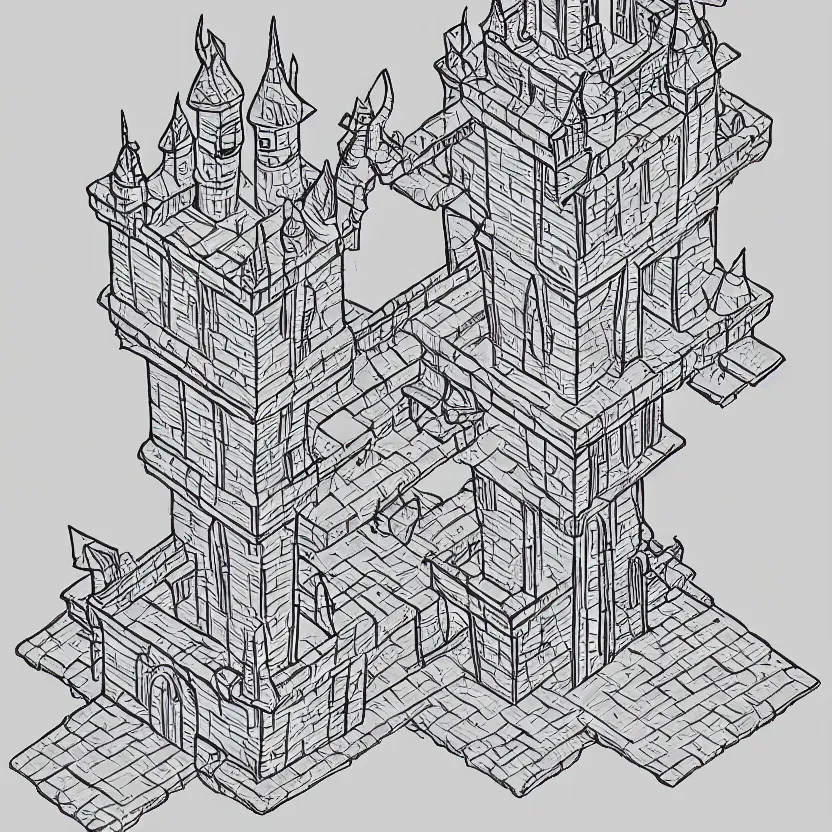 Image similar to isometric view of a wizard's tower, lineart